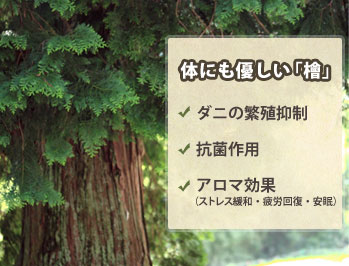 【体にも優しい檜】ダニの繁殖抑制、抗菌作用、アロマ効果（ストレス緩和・疲労回復・安眠）